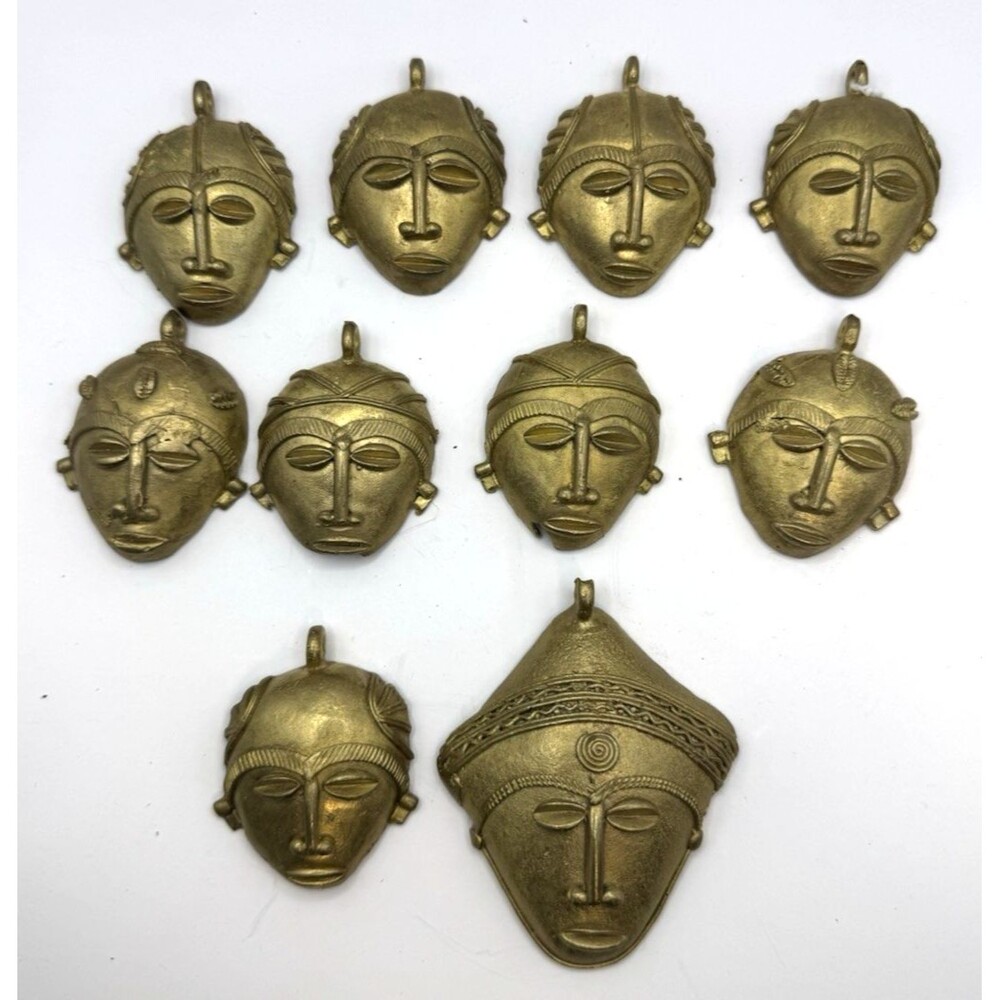 Lot Of 10 West African BAULE Brass Pendant Mask Handmade